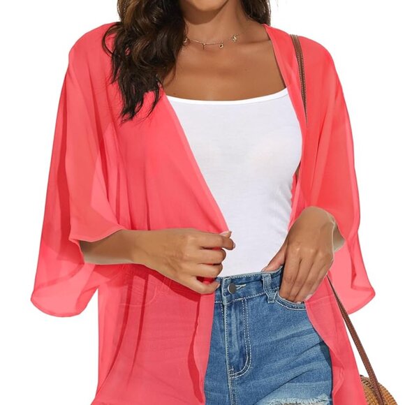 Womens Kimono Cardigans Beach Cover ups Swimwear Puff Sleeve Loose Casual Summer - Picture 2 of 6